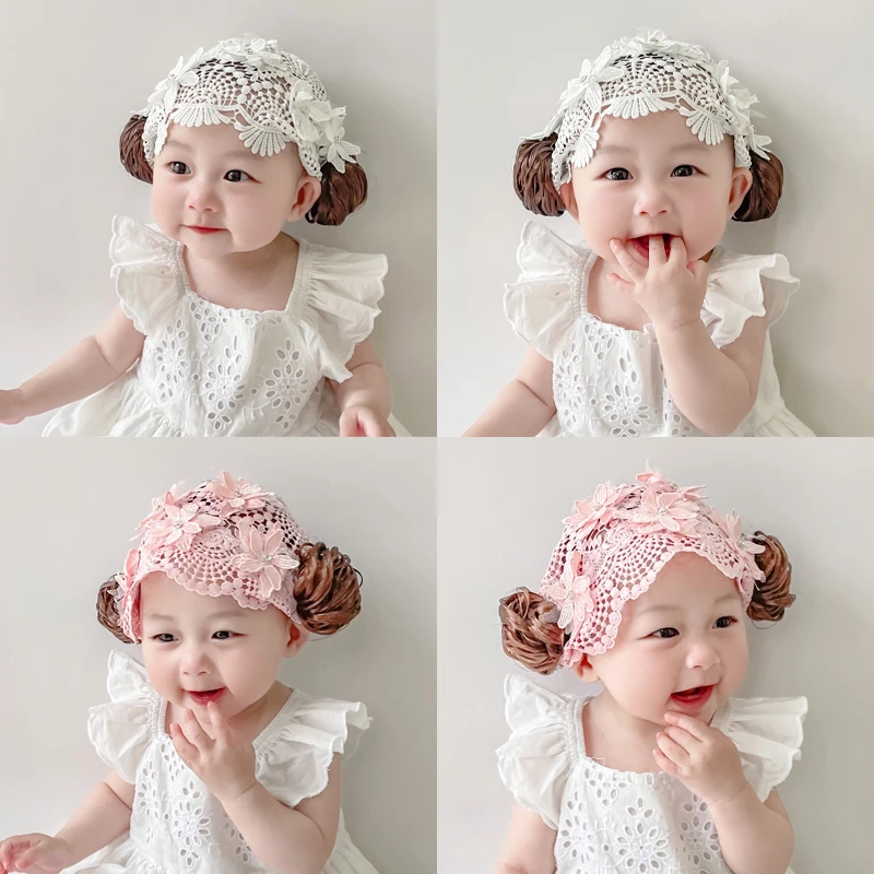 宝宝假发头饰蕾丝公主儿童百天周岁婴幼儿发饰帽婴儿护囟门发带
