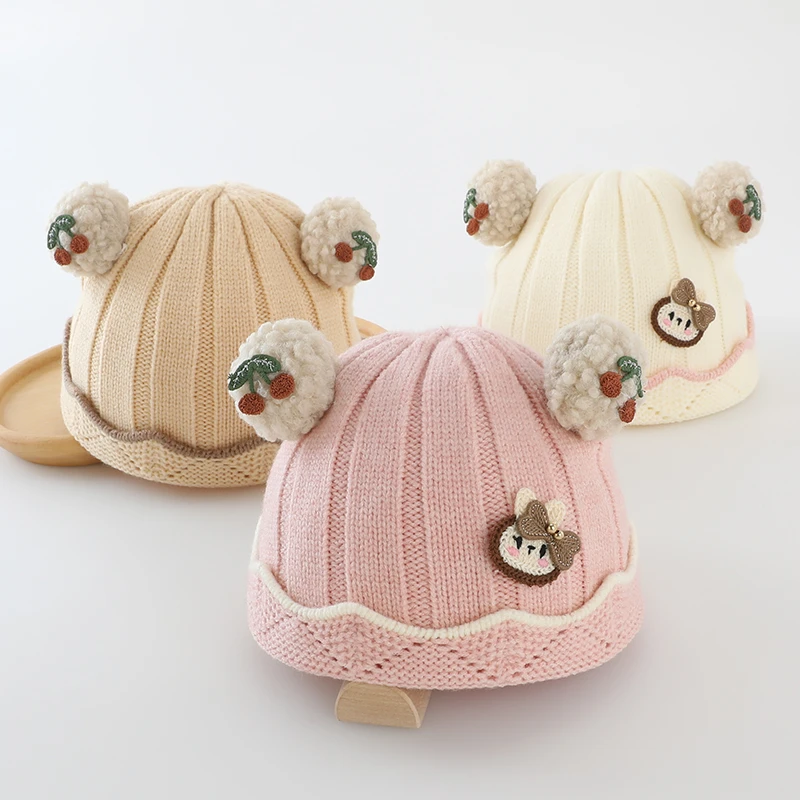 婴儿帽子秋冬季婴幼儿女宝宝保暖毛线帽洋气可爱新生儿樱桃针织帽