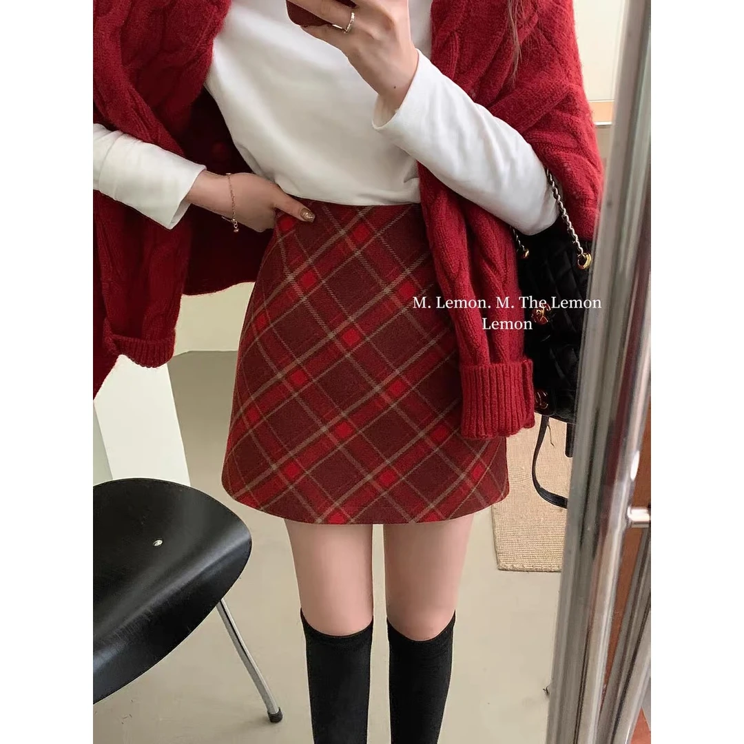 2025圣诞新年秋冬显瘦复古格子毛呢高腰显瘦遮胯a字裙