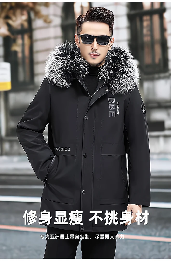 XBT男士显瘦中长款修身时尚黑色连帽加绒加厚保暖冬季外套男款