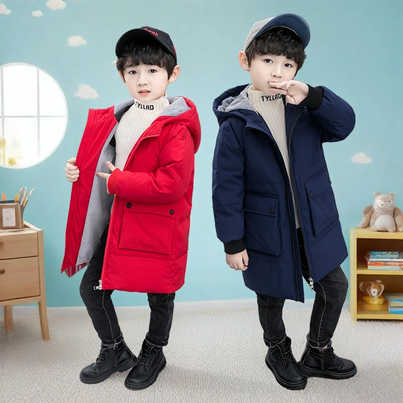 儿童羽绒服男童装中长款保暖加厚连帽中大童女童加绒童装羽绒服