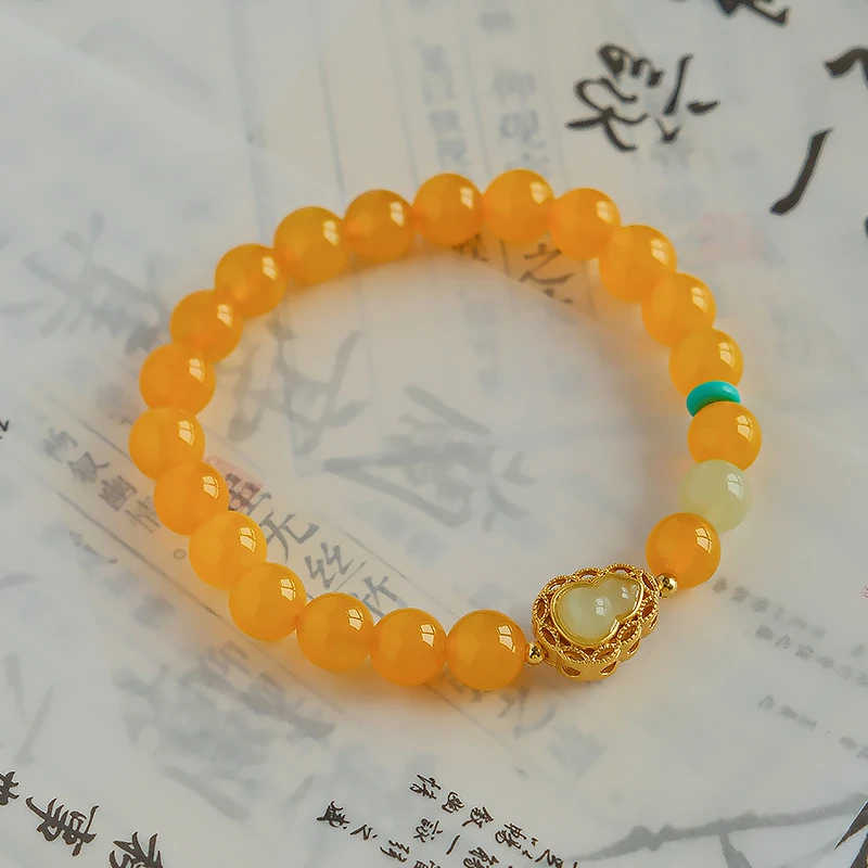 天然黄玛瑙搭配和田玉复古风葫芦手链多样性发一7051