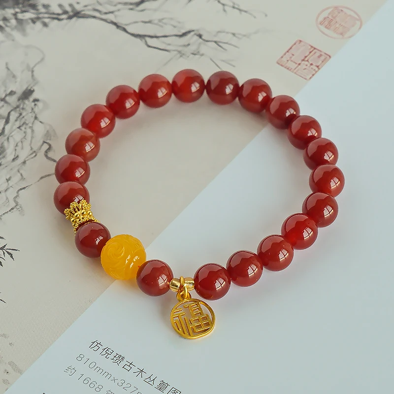 本命年天然红玛瑙福牌经典百搭款女款手串手链-7138