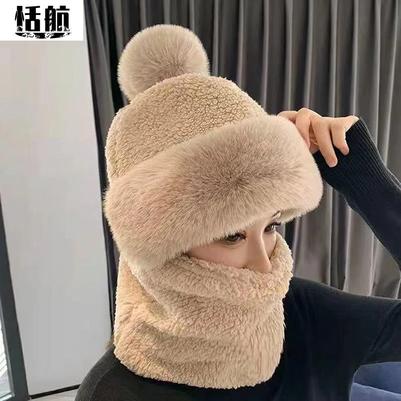 冬天护耳帽子休闲百搭户外骑车毛绒围脖口罩一体加绒加厚保暖帽