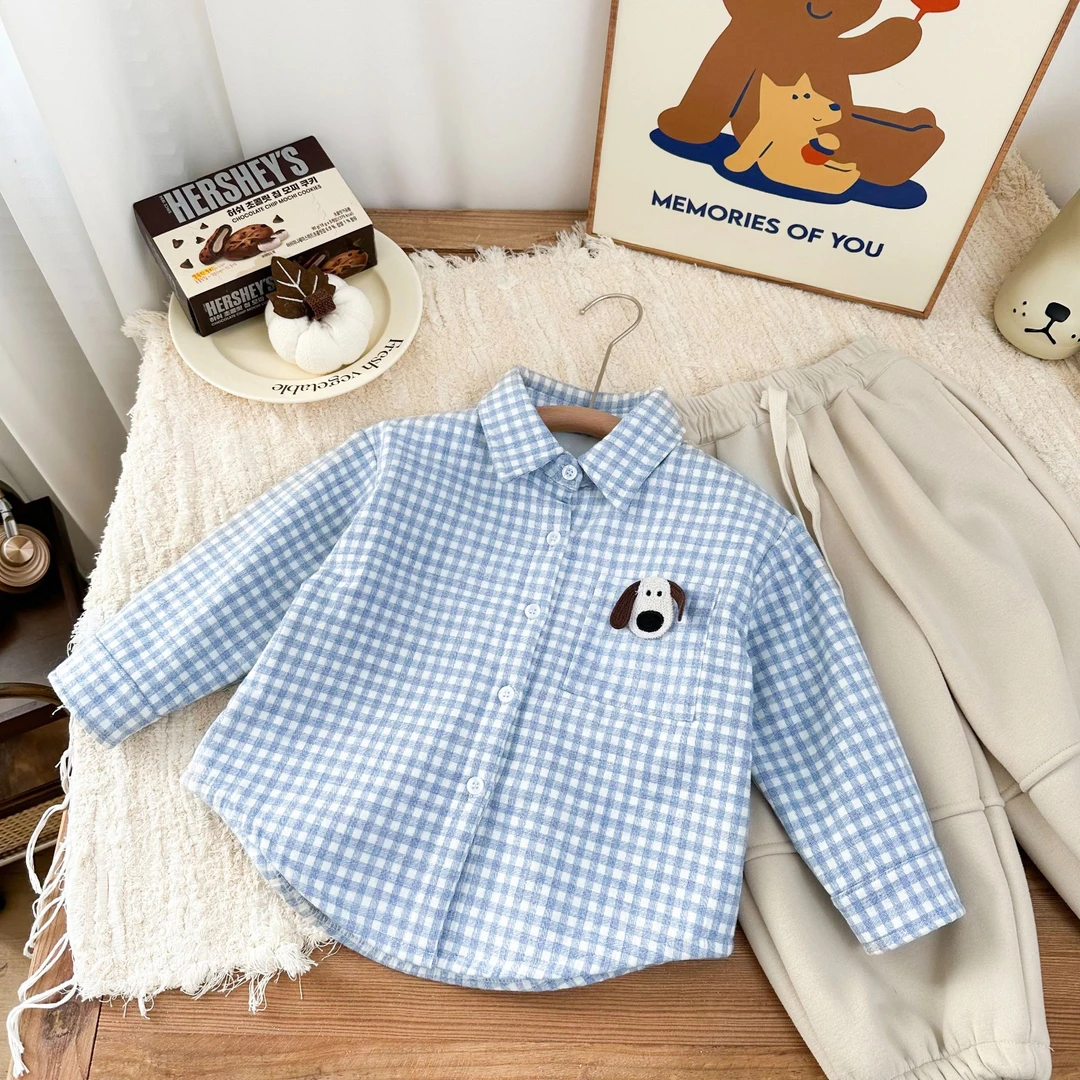 【朱鑫宇专属】2024年新款儿童百搭小狗格子加绒衬衣BMD3720