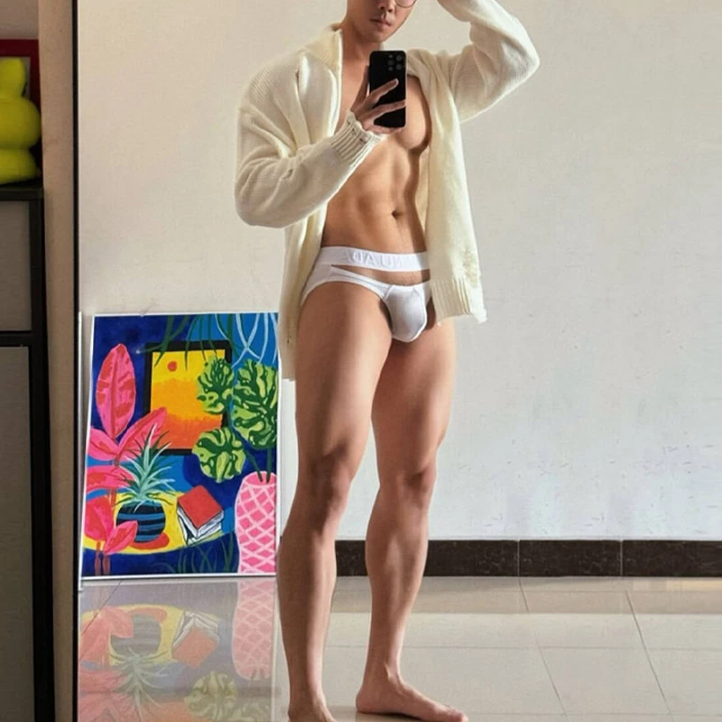 性感男士内裤镂空开口国风浮雕纹腰带螺纹棉运动提臀三角裤