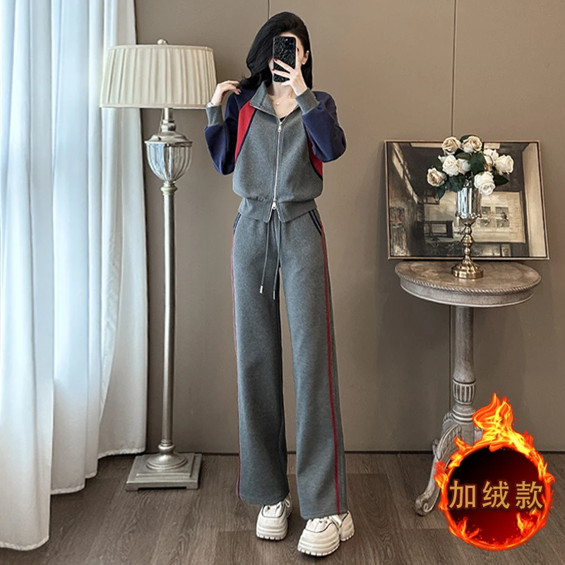 韩版气质休闲运动套装裤加绒秋冬新款时尚撞色上衣直筒裤两件套潮