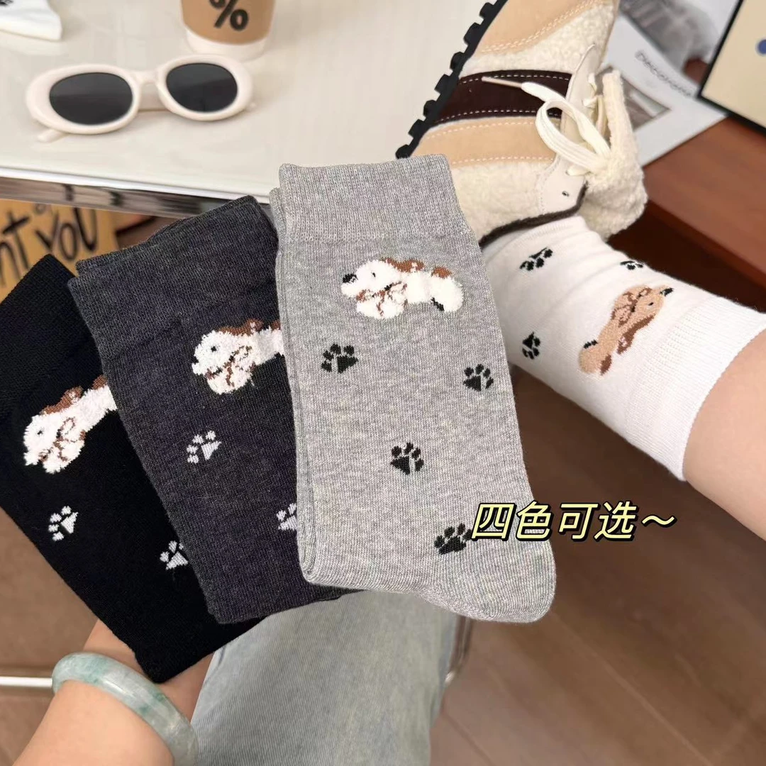 立体植绒小奶狗韩系中高筒可爱ins女生堆堆袜月子袜百搭简约新款