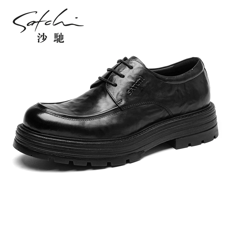 沙驰男鞋2025秋季新款商务休闲皮鞋男士百搭鞋子厚底高级感牛皮