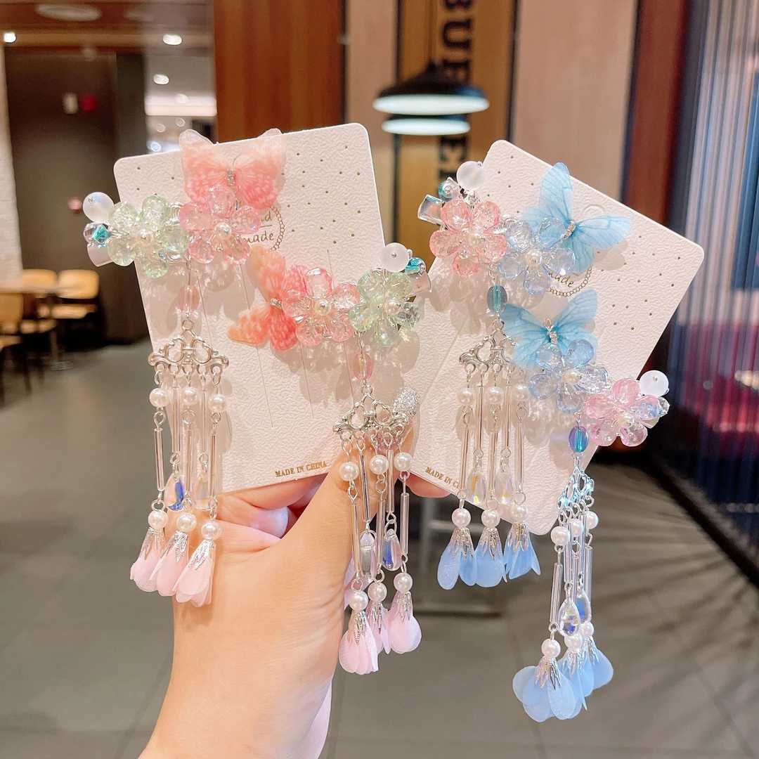 新款古风头饰儿童汉服配饰飘带花朵公主发夹女孩女宝流苏步摇发卡