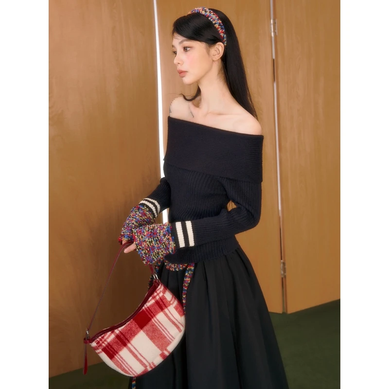 NECY 23SS "梅花"系列 彩纱拼接一字领毛衣黑色修身露肩上衣甜酷