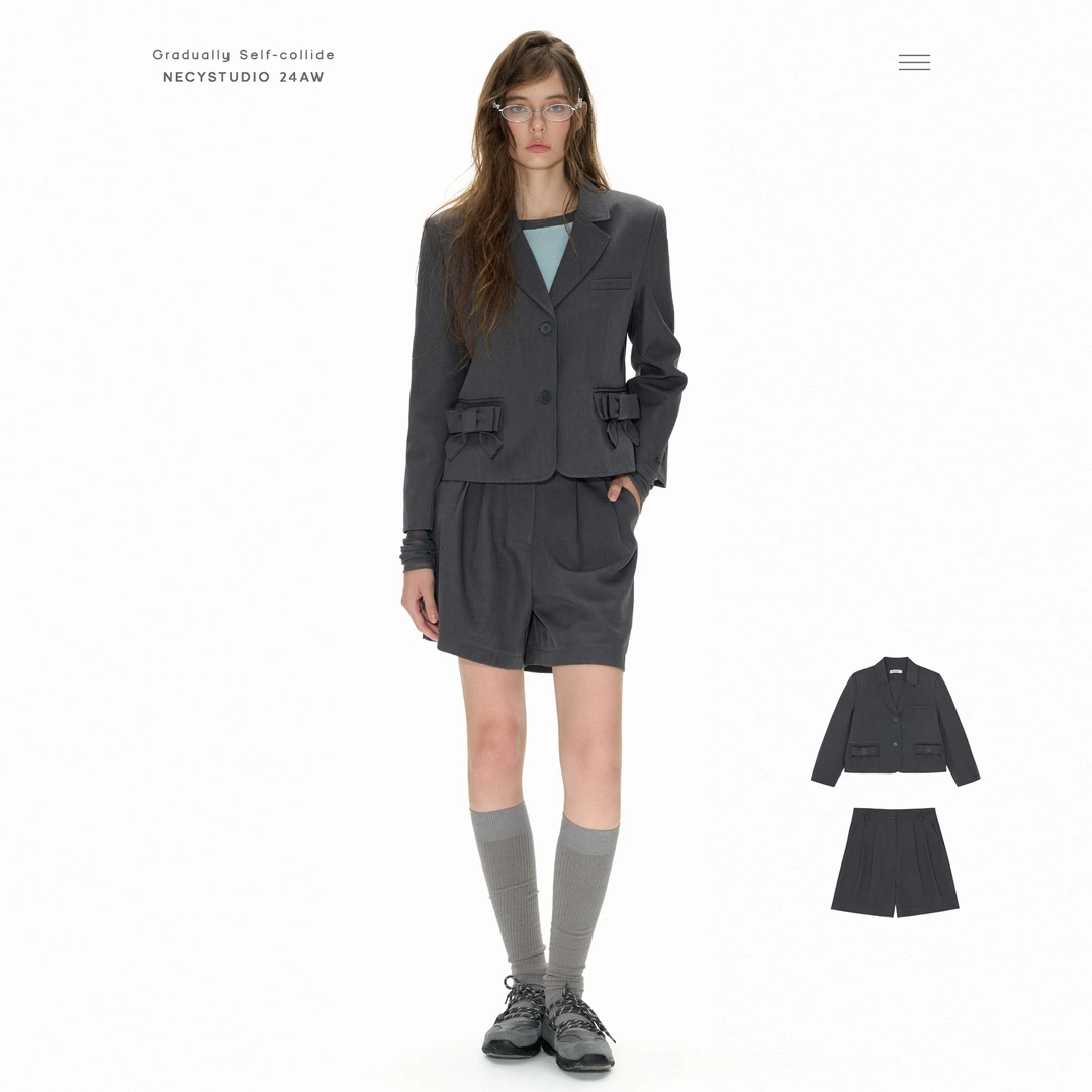 NECY 短款西装外套女 立体蝴蝶结口袋设计感正肩小西服短裤两件套