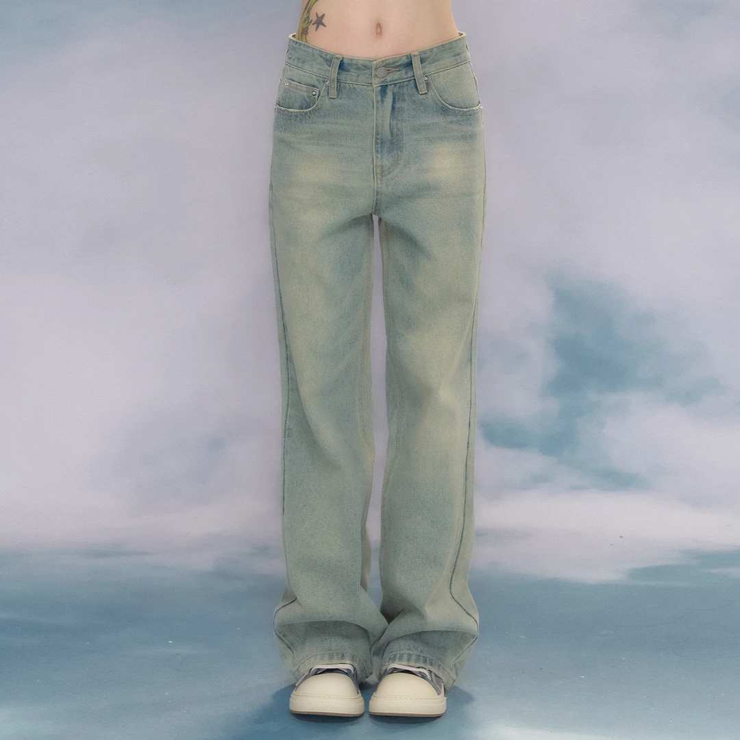 NECY腿型修正做旧洗水基础微宽松牛仔裤复古辣妹直筒长裤