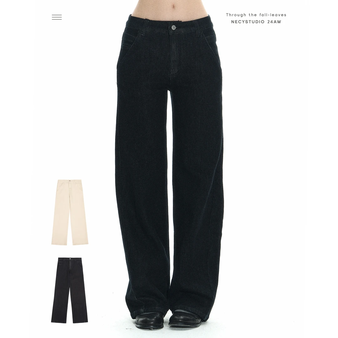 NECY【梨型天菜】双色水洗牛仔裤秋冬宽松显瘦拖地长裤