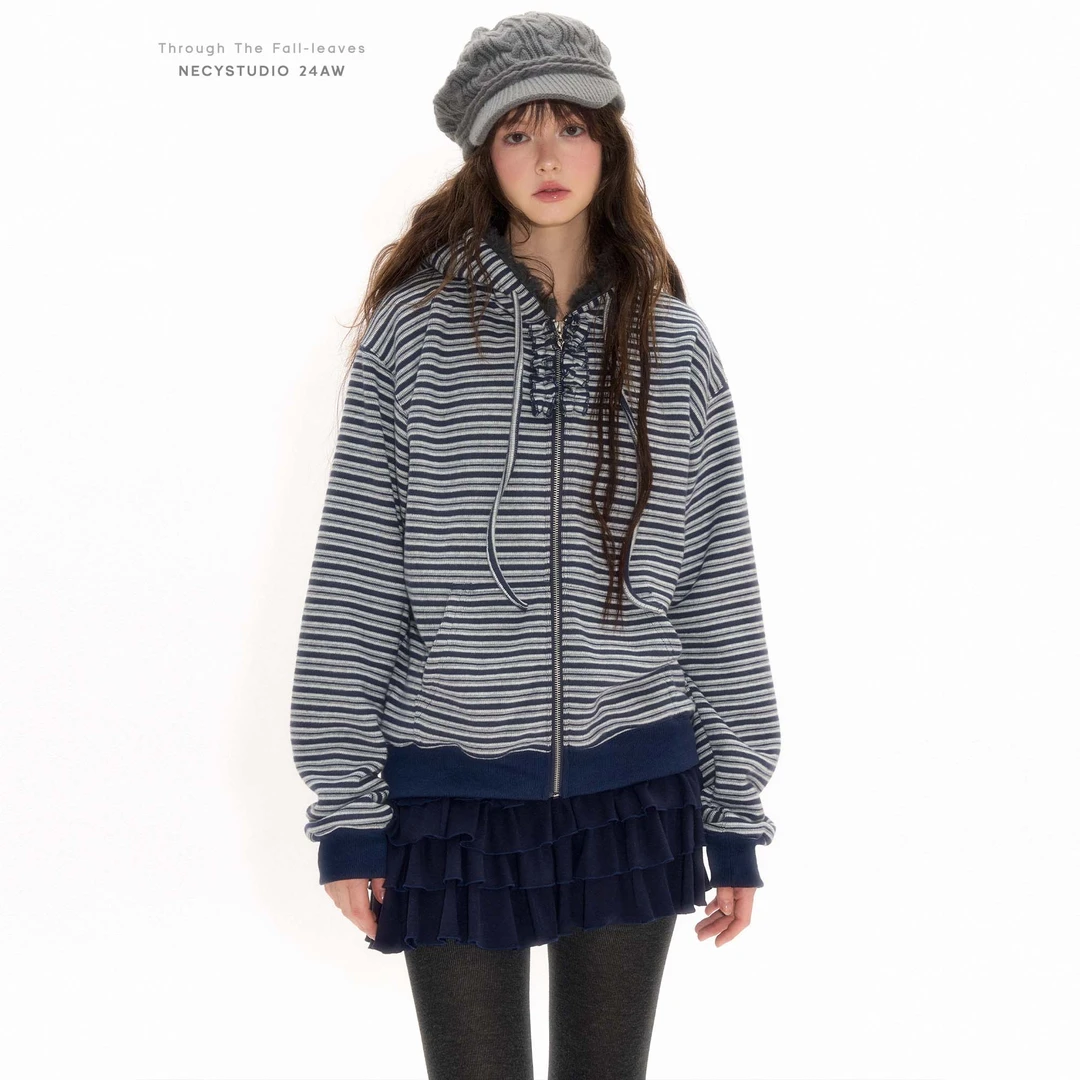 NECY 条纹连帽卫衣 帽子加绒设计秋冬慵懒风复古条纹宽松开衫外套