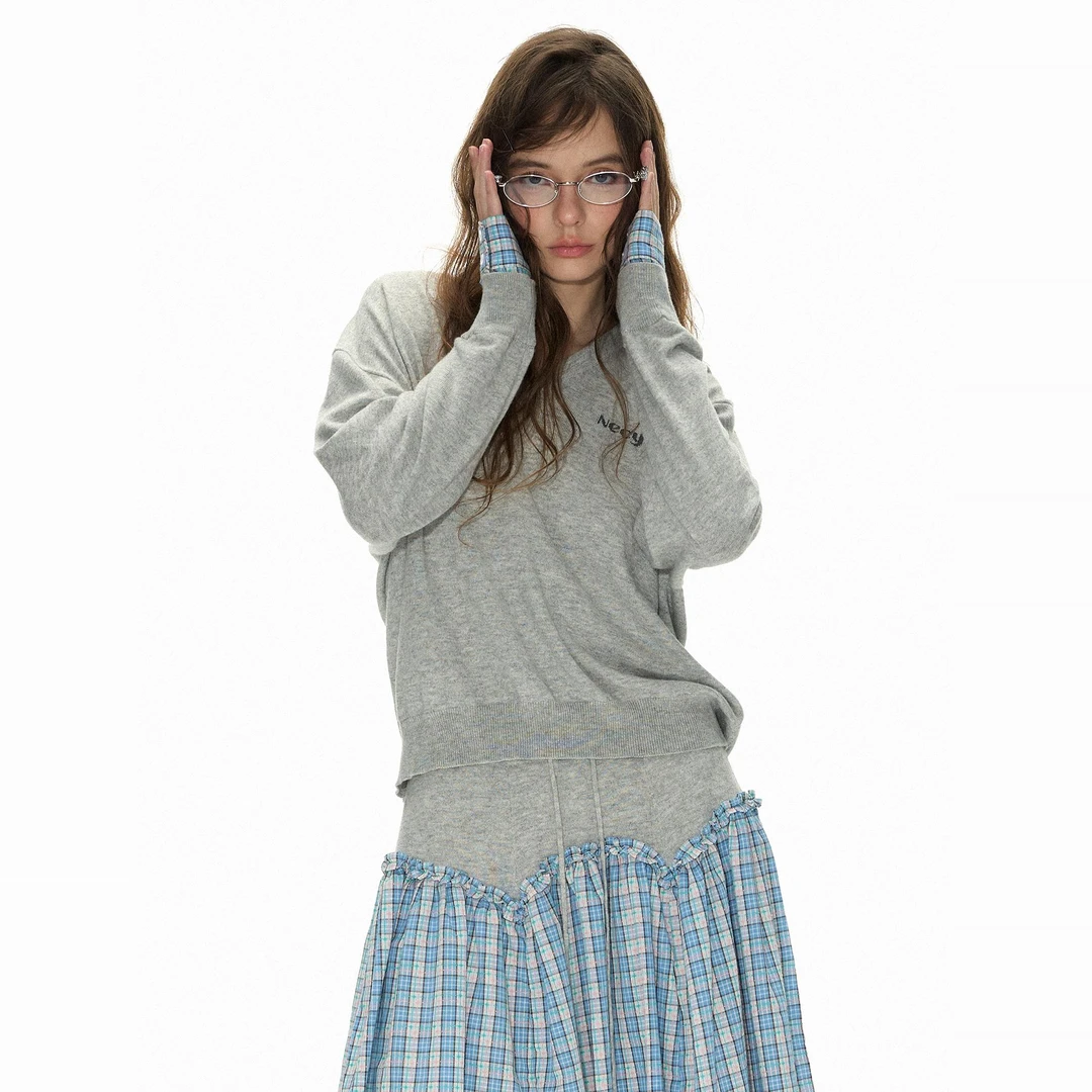 NECY v领长袖针织上衣秋季慵懒风休闲毛织格纹拼接针织