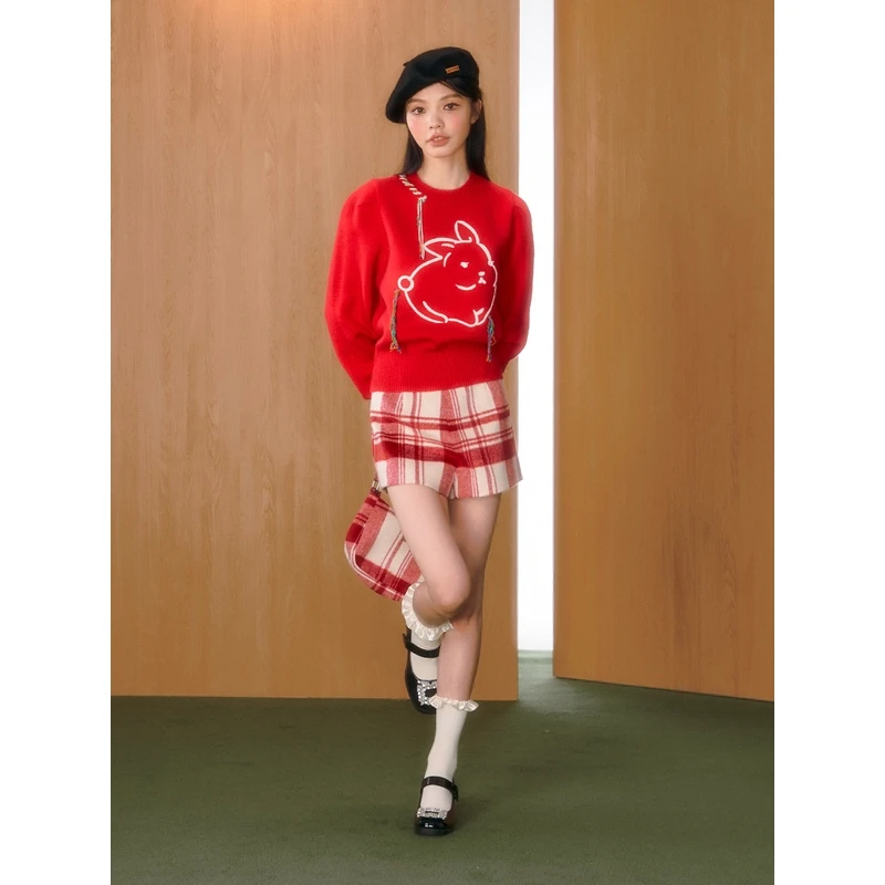 NECY 23SS "梅花"系列红色格纹短款下装复古高腰毛呢短裙短裤新年
