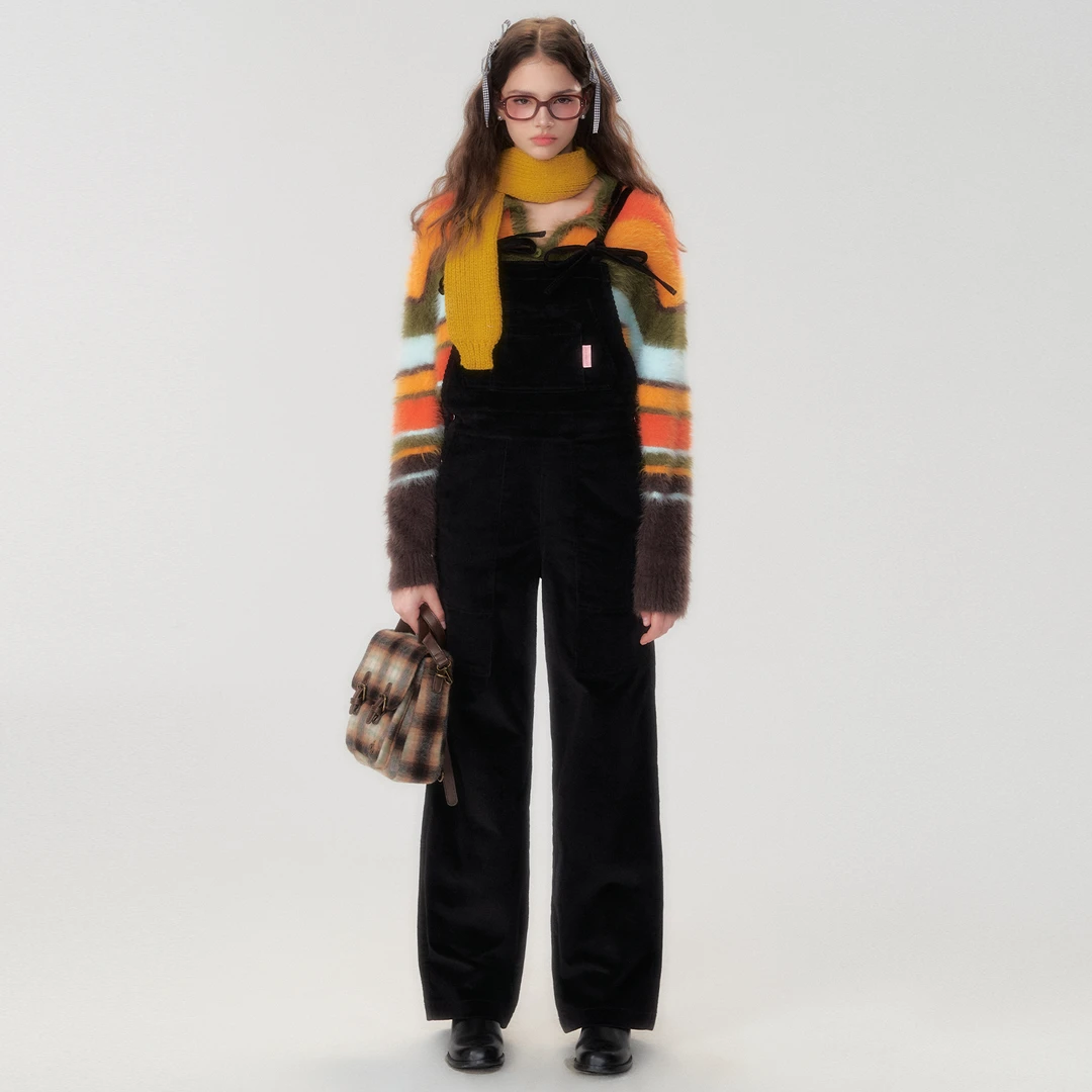 NECY双色灯芯绒蝴蝶结绑带背带裤秋冬女百搭复古原创直筒休闲长款