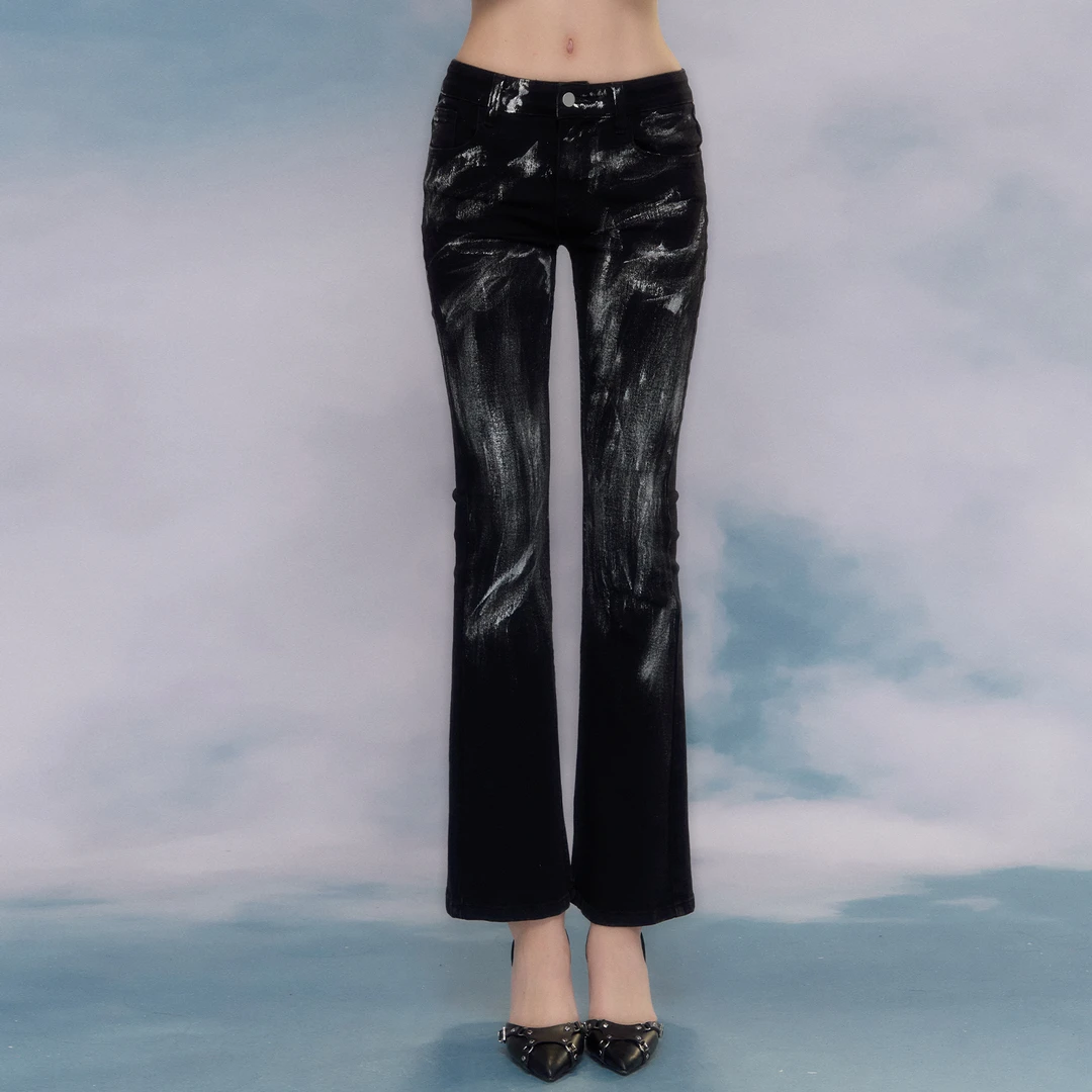 NECY【2023】走秀款泼墨银漆休闲裤微喇叭弹力复古vintage小众款