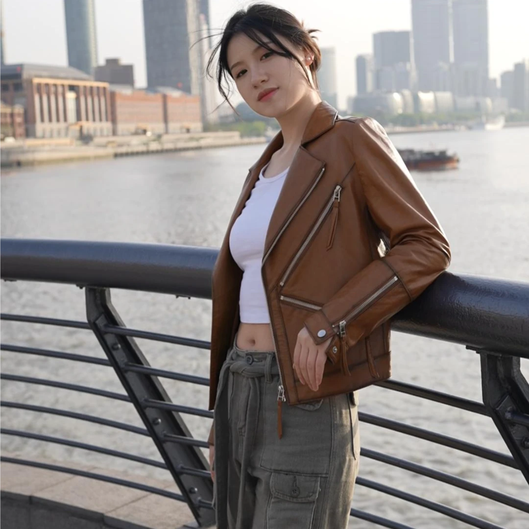 以姿兰款高级女士修身时尚西装皮衣皮夹克高档2023皮衣外套真皮