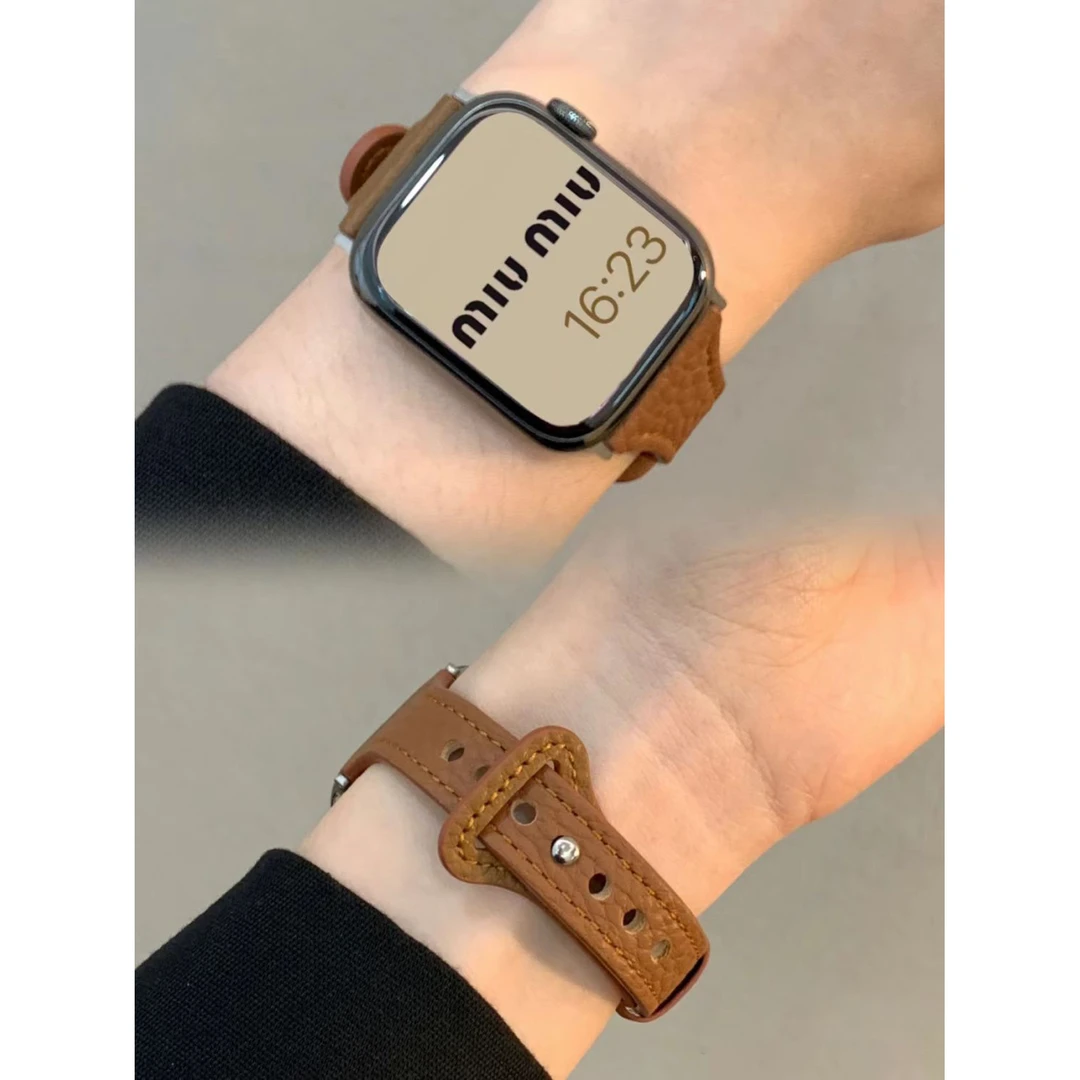 荔枝纹细款真皮细款表带适用苹果手表S10applewatchS9表带SE2通用
