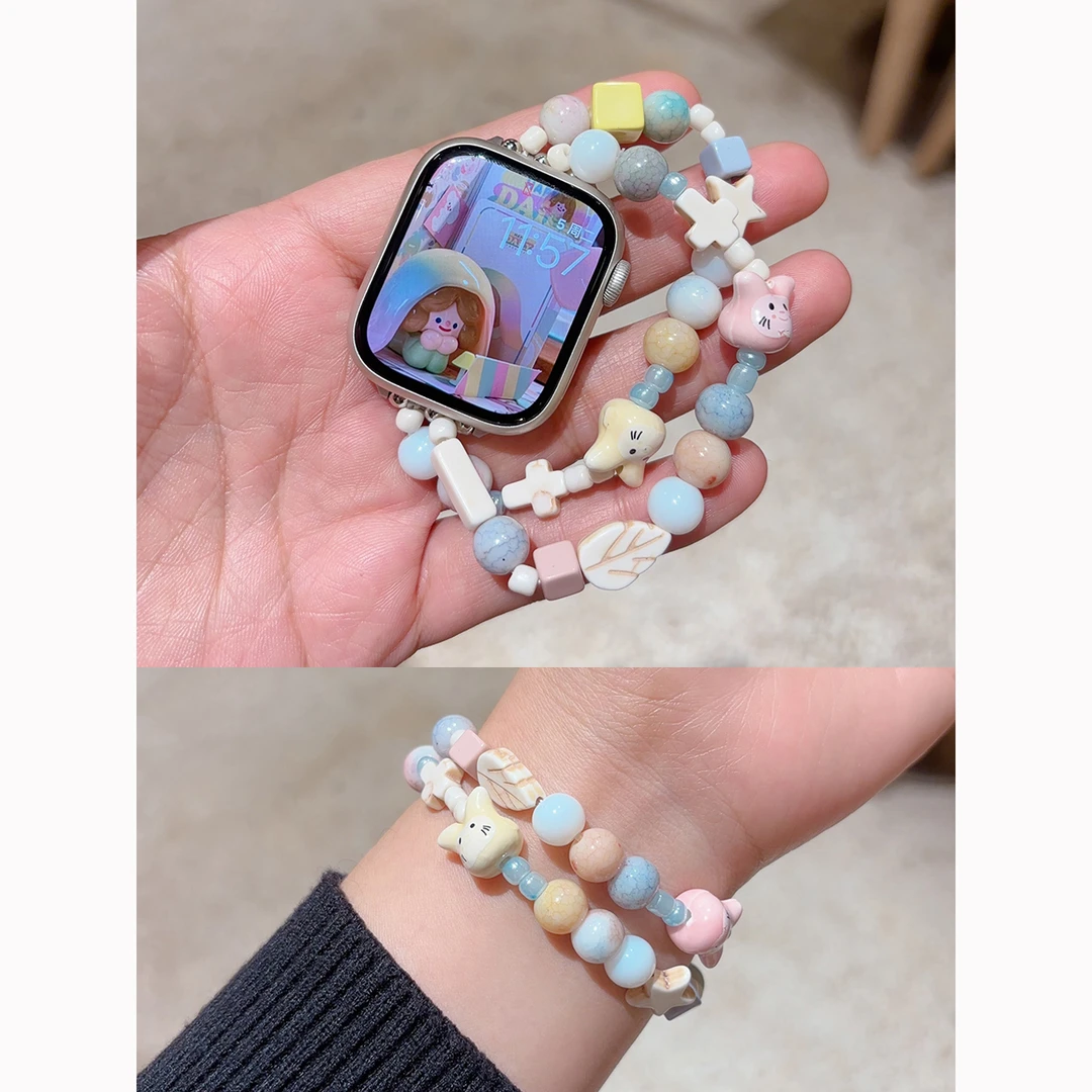 小清新彩色陶瓷猫咪表带适用苹果手表S10通用applewatchS8表带SE2