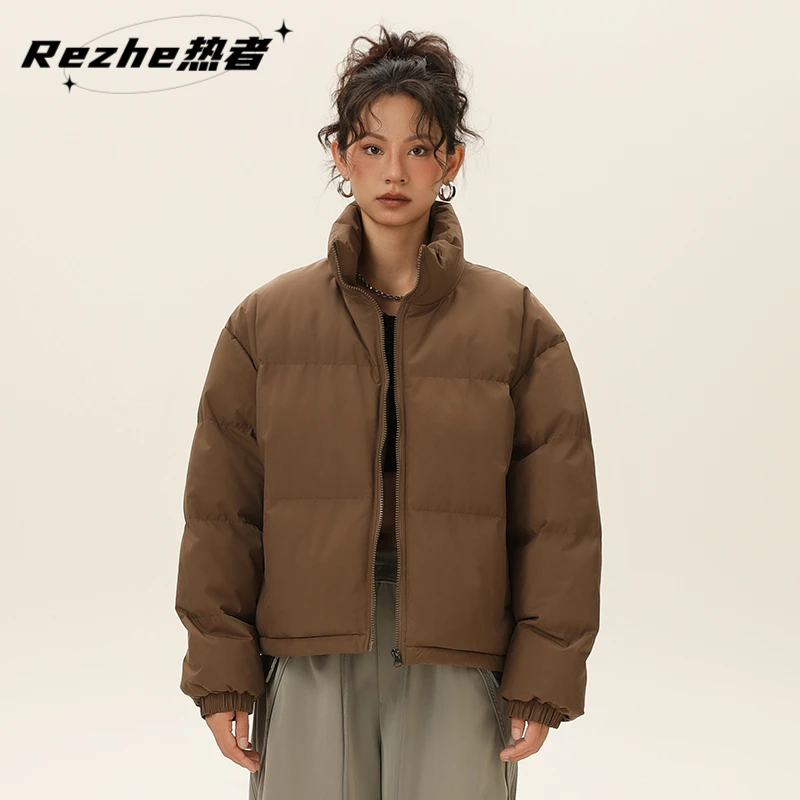 热者运动休闲棉衣女冬季保暖加厚简约短款美式立领棉袄面包服