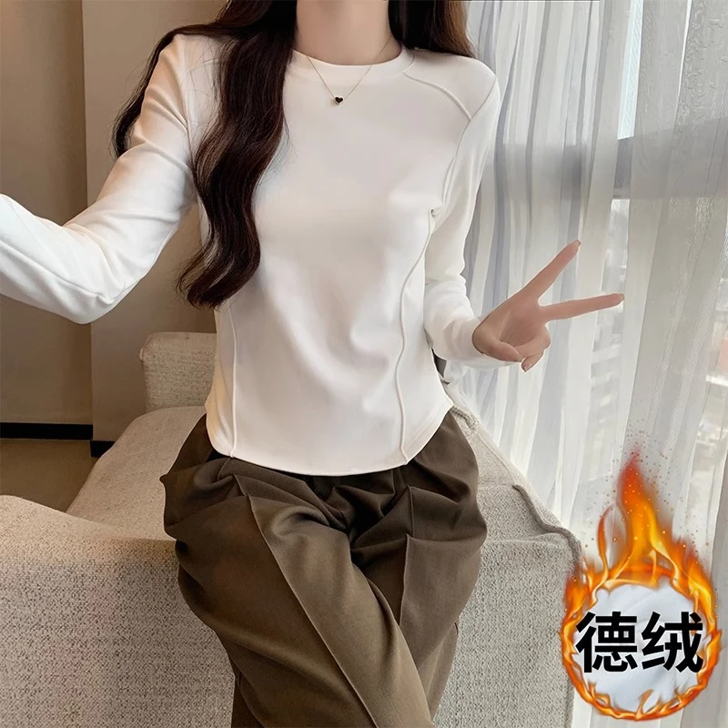 秋冬新款德绒加厚打底上衣女鱼骨收腰洋气内搭修身短款长袖T恤