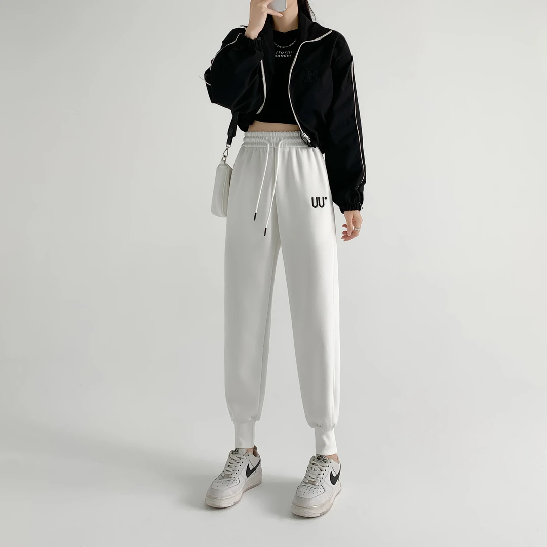 2024春季新款休闲运动裤女宽松百搭刺绣高腰显瘦哈伦束脚棉质卫裤