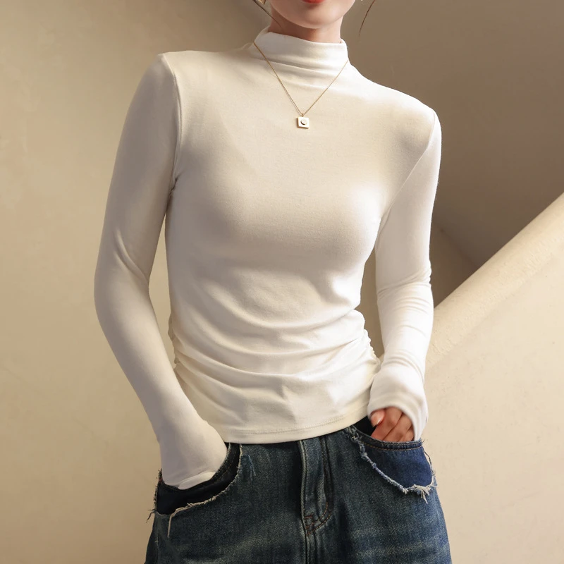 秋冬加厚莫代尔半高领纯色打底衫女运动长T修身内搭长袖上衣打底
