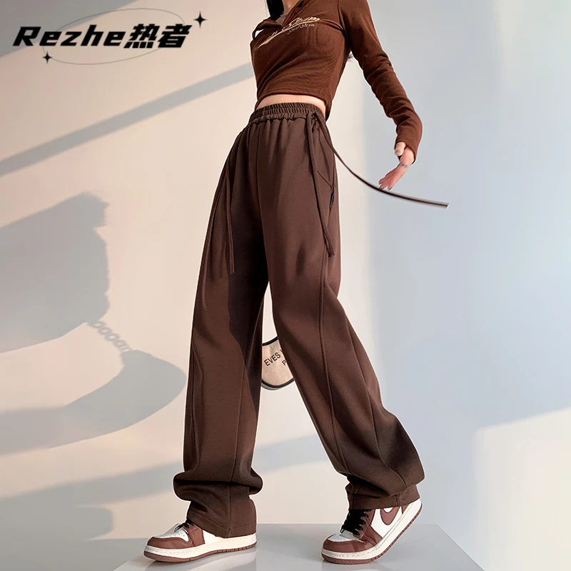 热者秋冬美式运动裤女加绒加厚宽松显瘦阔腿高腰保暖休闲香蕉裤
