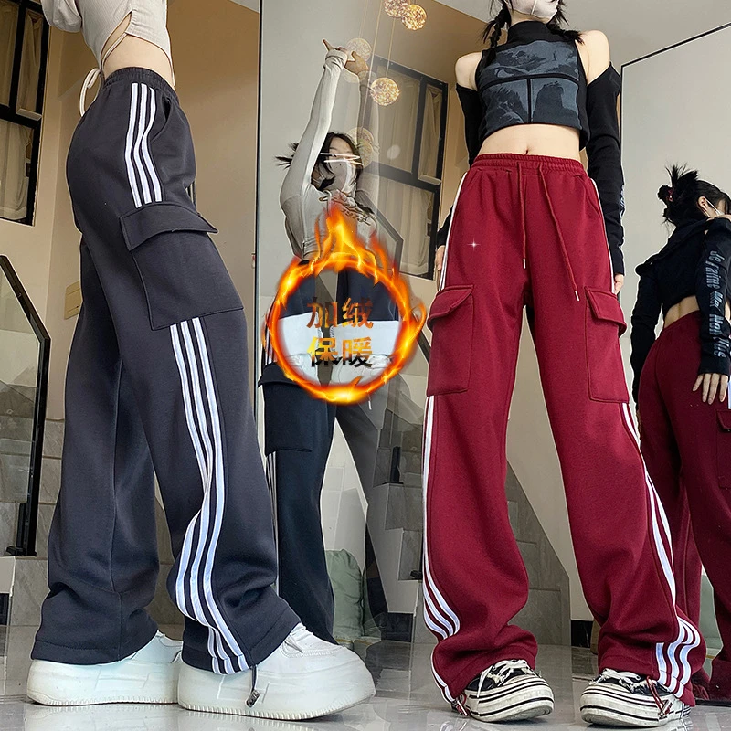 秋冬新款加绒加厚美式工装裤女宽松直筒休闲三条杠条纹保暖运动裤