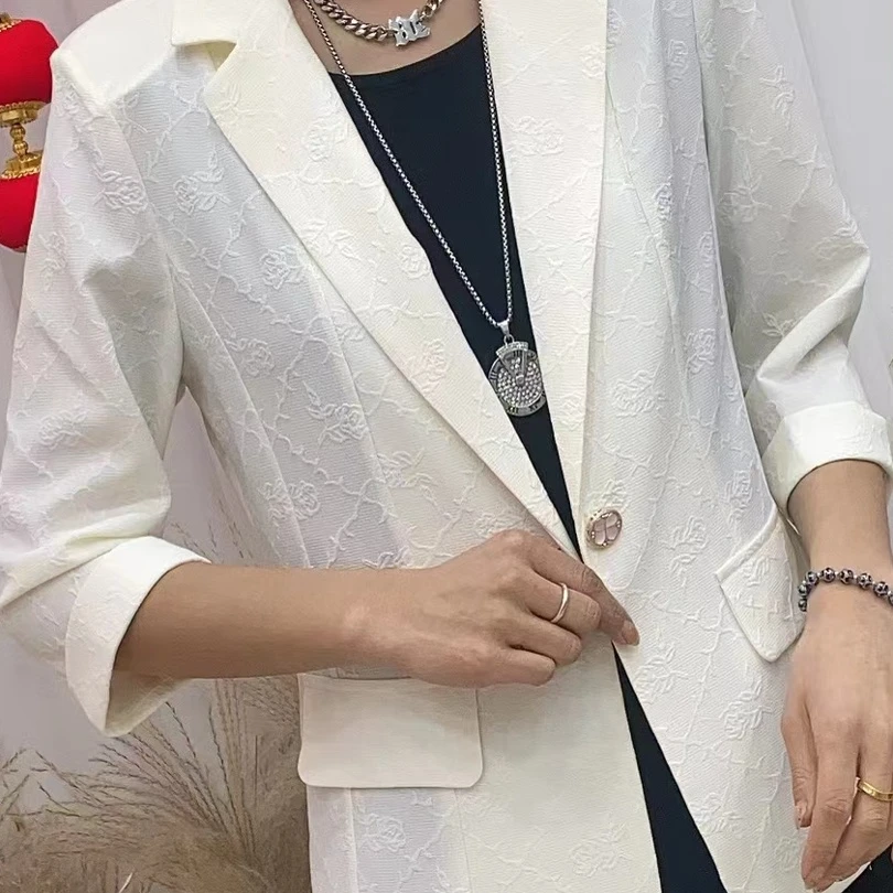 9529高端设计师时尚提花工艺春夏洋气修身百搭显瘦七分袖西服