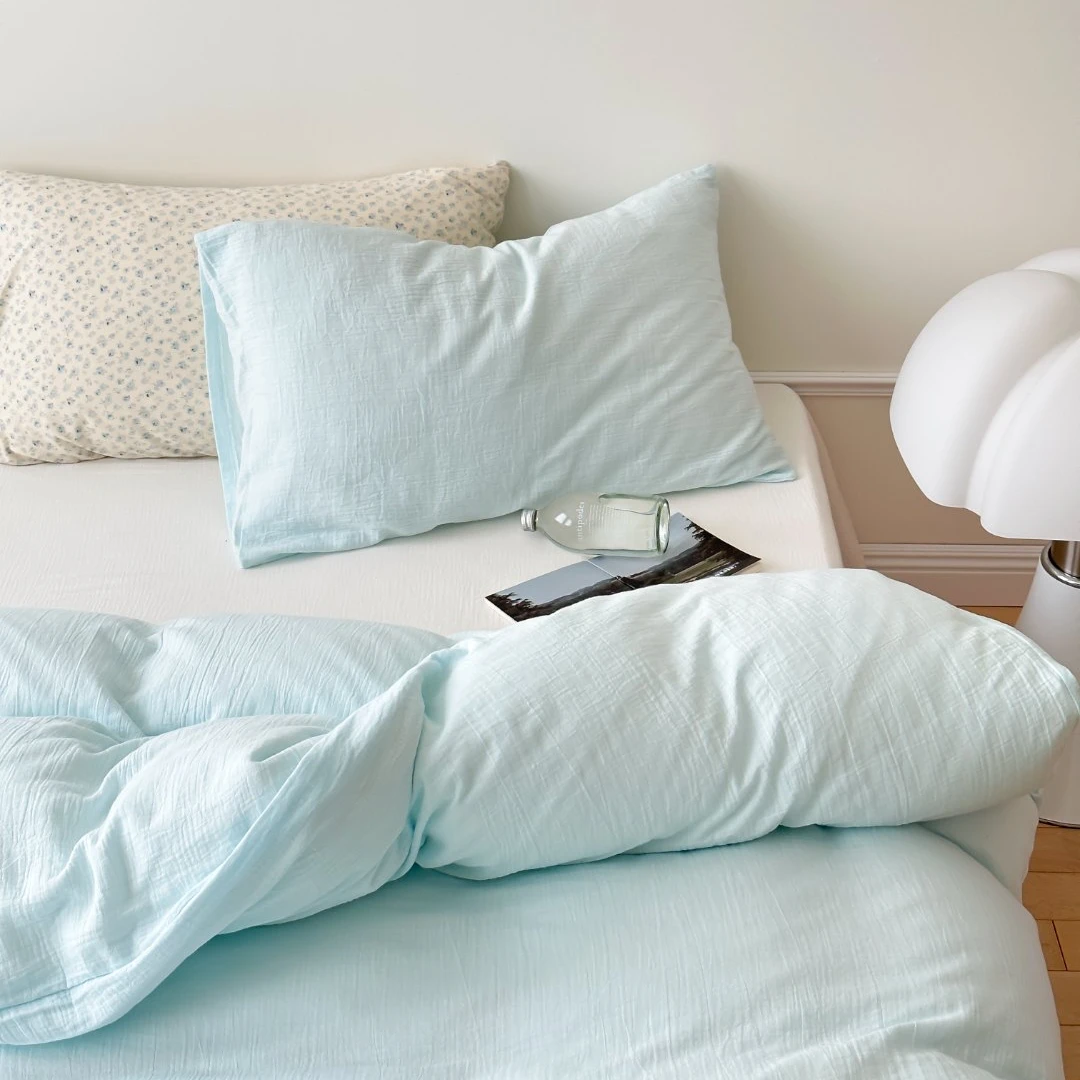 A类母婴级纯棉双层皱皱纱四件套海盐奶蓝双层纱床单被套纯棉皱纱