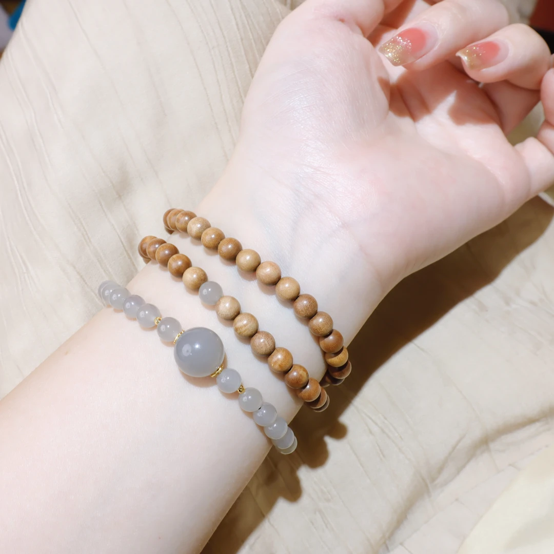 足金999印度老山檀香6mm配和田玉烟紫三圈手串