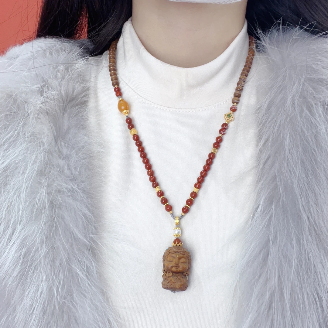 印度老山檀香6mm绿渡母➕手串南红玛瑙项链镀金双拼【忘尘】