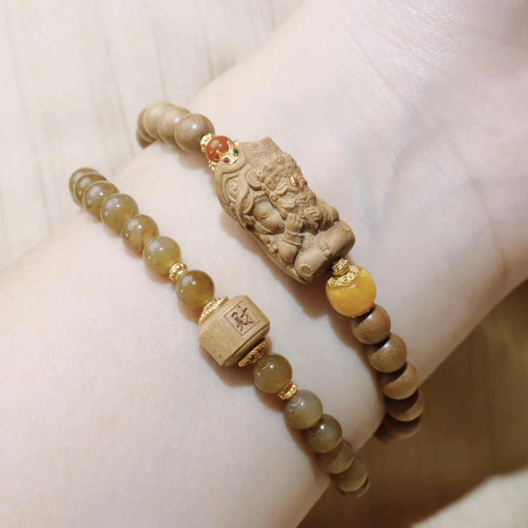 印度老山檀香6mm扎基拉姆配和田玉蜜蜡双圈女士手串