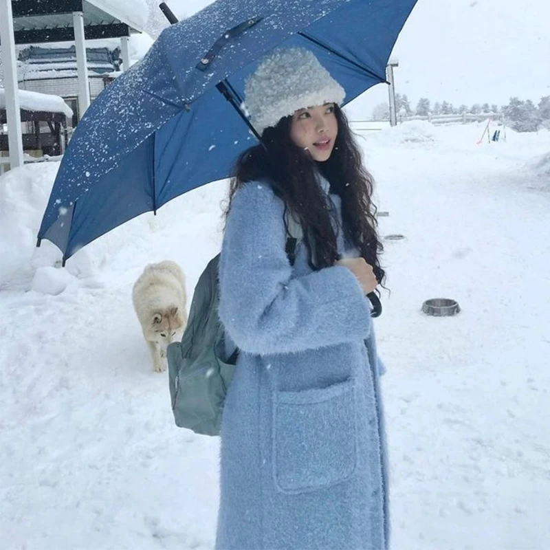 韩系氛围感蓝色毛呢外套冬季温柔风毛毛妮子大衣INS风