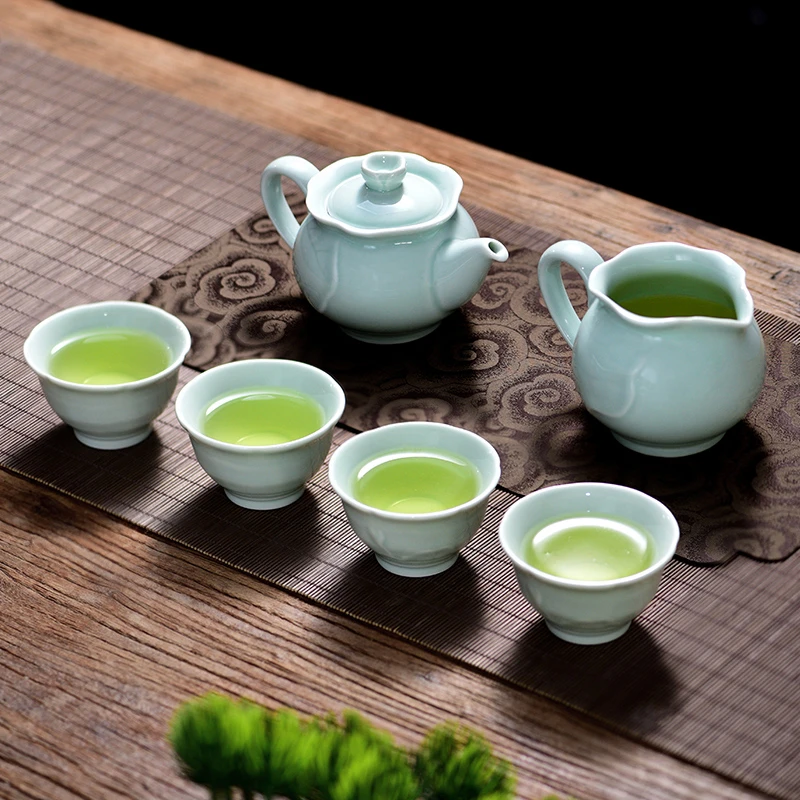 天福茗茶茶具 天福窑青瓷荷花壶组 瓷器泡茶壶茶器1壶1茶海4杯