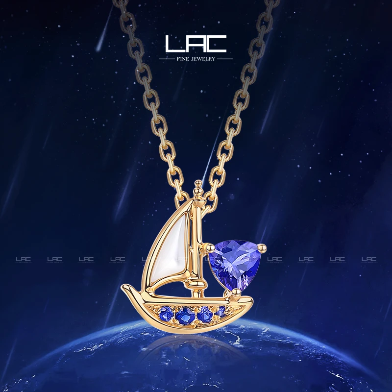 【新品 蓝帆依云】LAC珠宝 天然坦桑石吊坠女18K黄金镶蓝宝石帆船