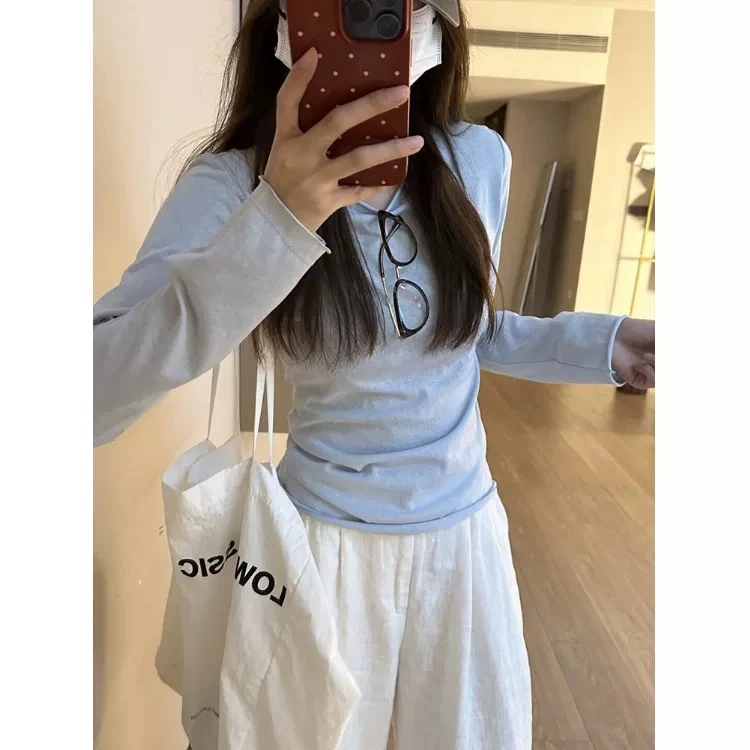 雪花棉baby蓝卷边长袖T恤女春夏季新款防晒罩衫韩系百搭打底上衣