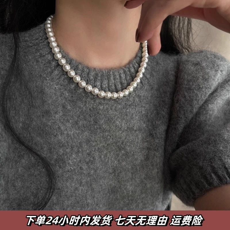 链子925银 4mm-12mm冷白满串珠珠纯银元宝扣项链套装个性强光简约