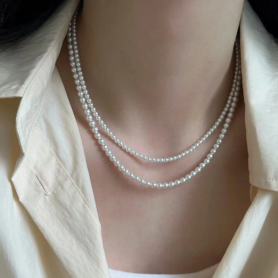 链子925银 小米珠叠戴法式项链小众轻奢正圆强光精致简约baby链