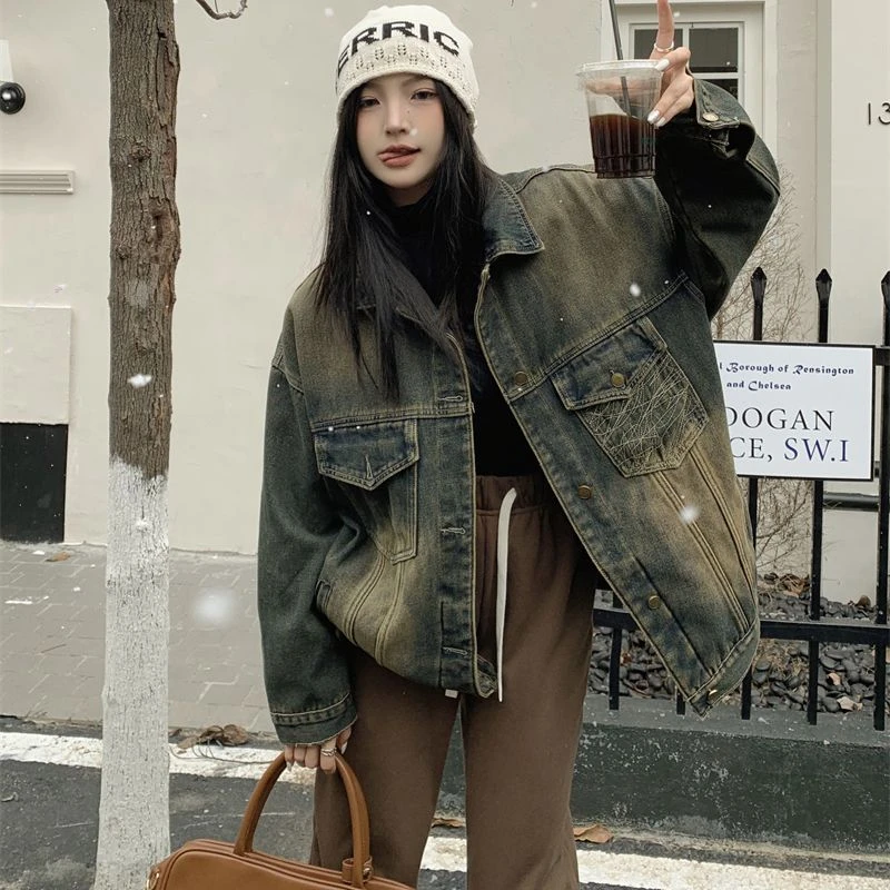 加绒加厚牛仔外套女冬季新款小众设计复古做旧宽松大码夹克上衣