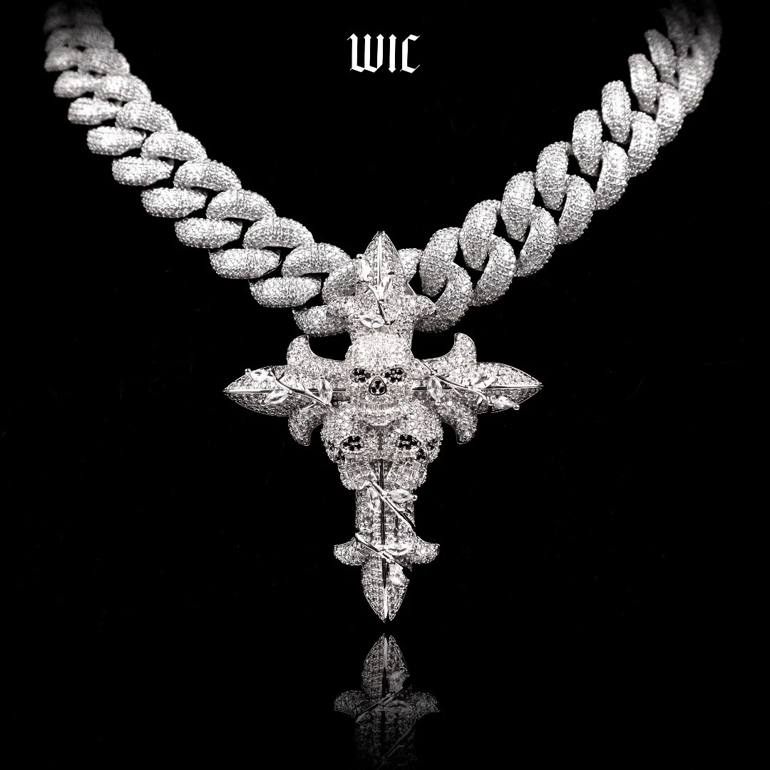 铜合金合成锆石吊坠 WIC 骷髅3D十字架限定满锆吊坠项链