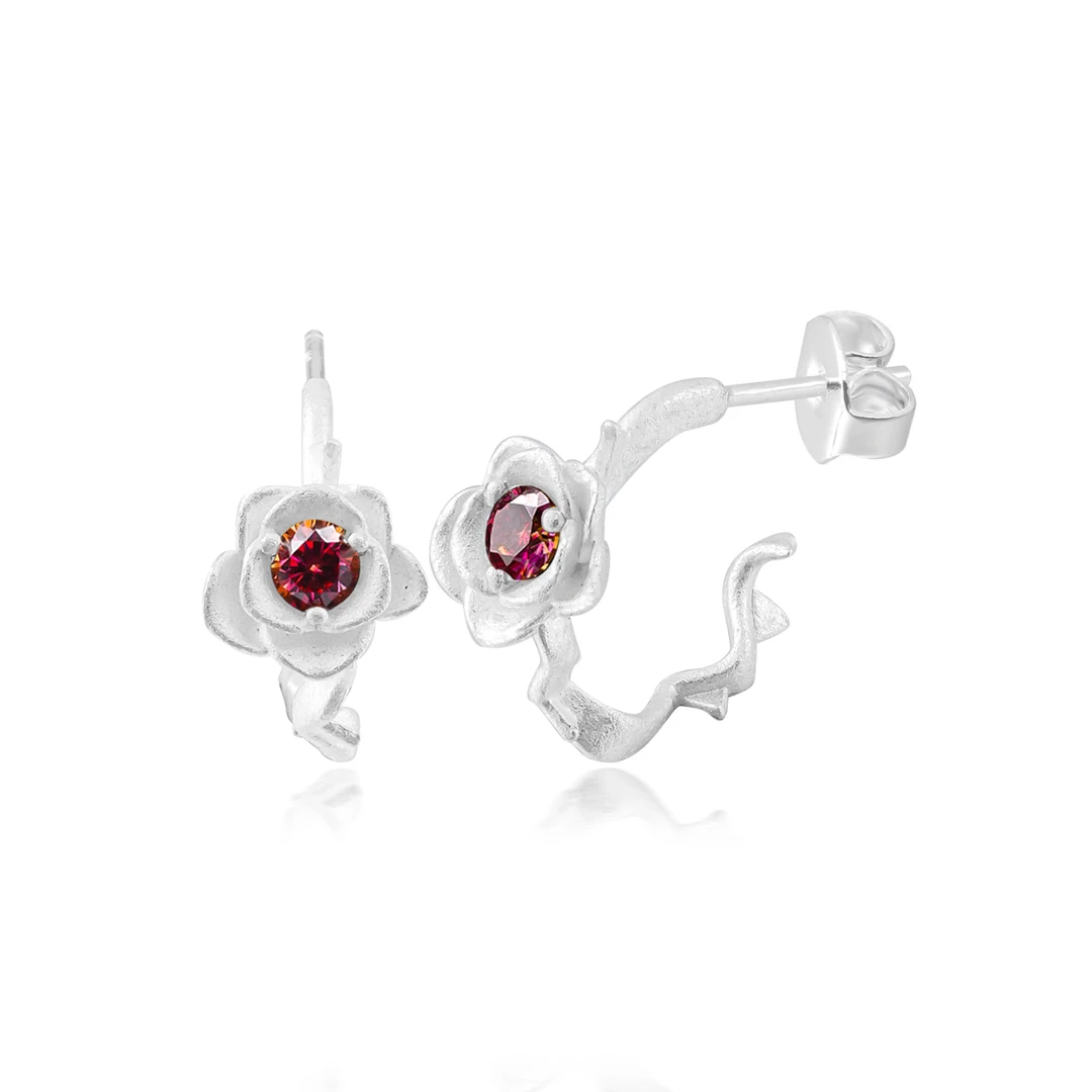铜合金莫桑石耳饰 s925银针红莫桑玫瑰荆棘男女小众耳环耳钉