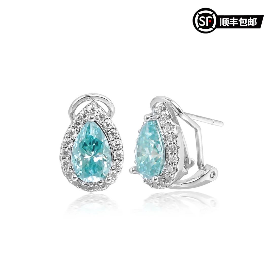 铜合金莫桑石耳饰 WIC水滴蛇头形莫桑钻925银针湖水绿钻耳扣耳钉