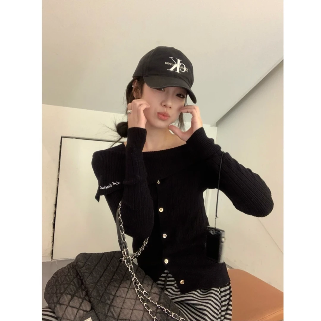 欧货方领一字肩针织衫女秋季2025新款时尚修身显瘦打底衫长袖上衣