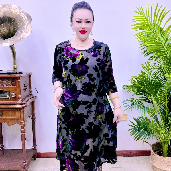 桑蚕丝连衣裙中老年高端大码时尚气质妈妈装显瘦宽松休闲43A1972