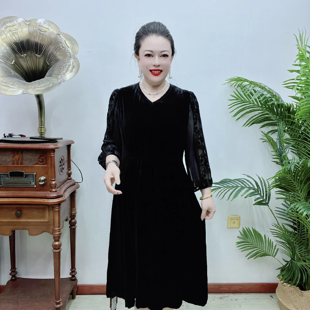 桑蚕丝高贵经典遮肉显瘦气质百搭时尚中长款妈妈装连衣裙43A1889